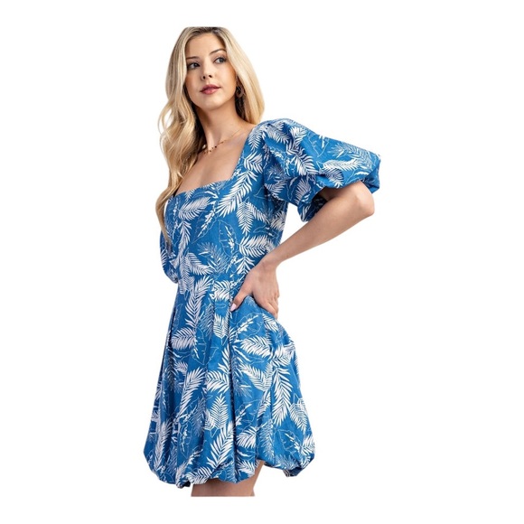 Blue Leaf Print Bubble Hem Puff Sleeve Short Dress - Picture 3 of 8